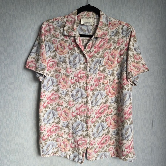 Casey & Max Tops - Vtg 70s 80s Womens M Linen Blend Floral Button Down Short Sleeve Shirt Pastel
